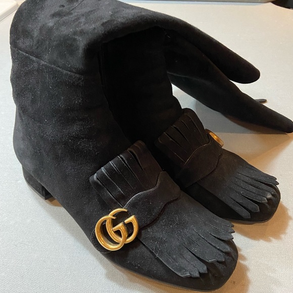 Gucci Marmont Tall Suede Kiltie Boot Black - Picture 2 of 6